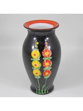 Art Deco Black Enamel on Milk Glass Vase Hollyhocks Floral Hand Painted Antique